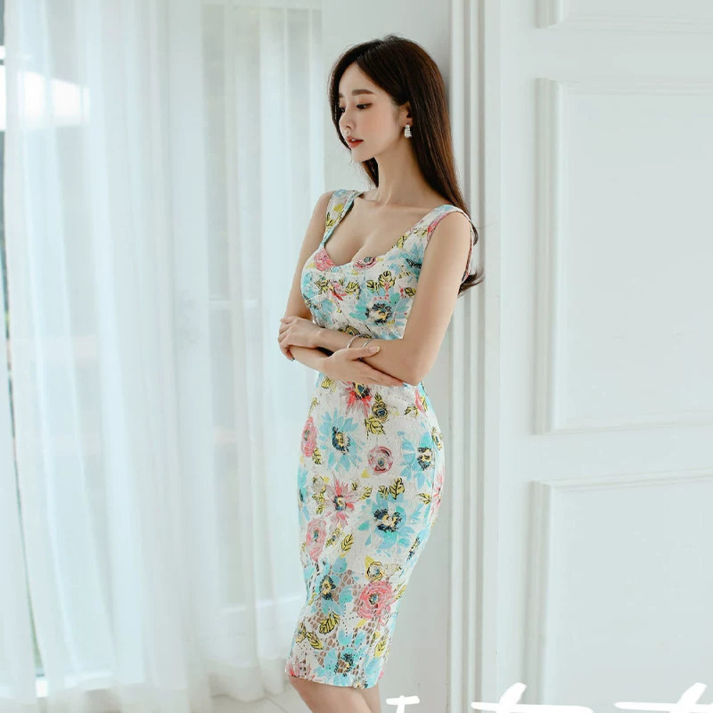 Floral Print Lace Bodycon Midi Dress for Women Summer Slim Waist